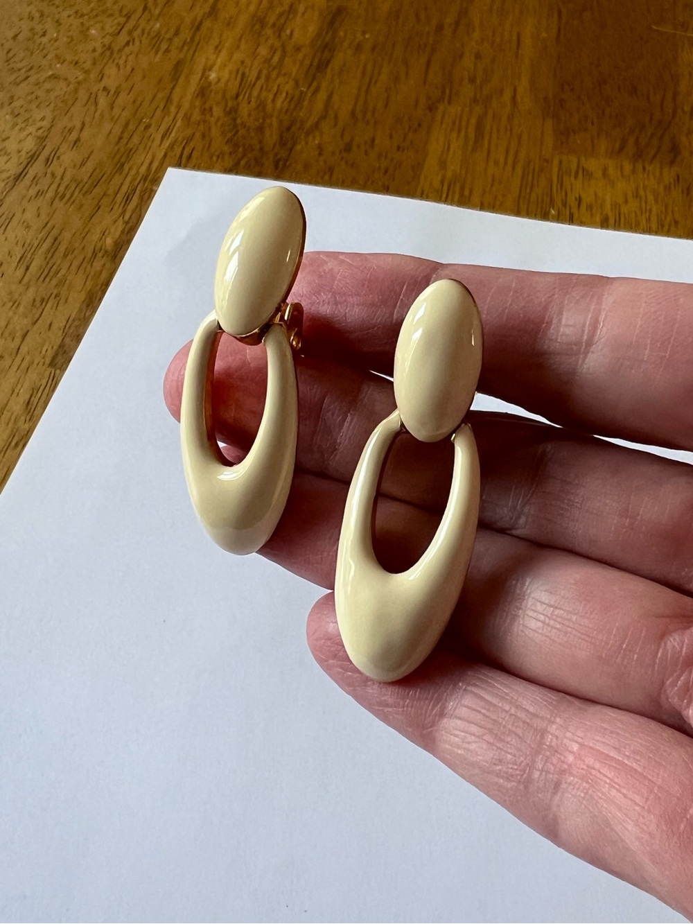 Vintage, cream enamel and gold clip earrings